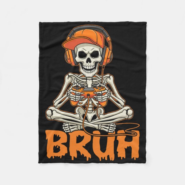 Bruh Halloween Boys Kids Gamer Mens Skeleton Video Fleece Blanket (Front)