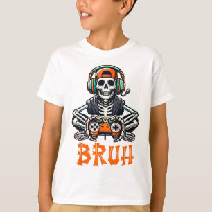 Bruh Halloween Boys Kids Gamer Mens Skeleton Video T-Shirt