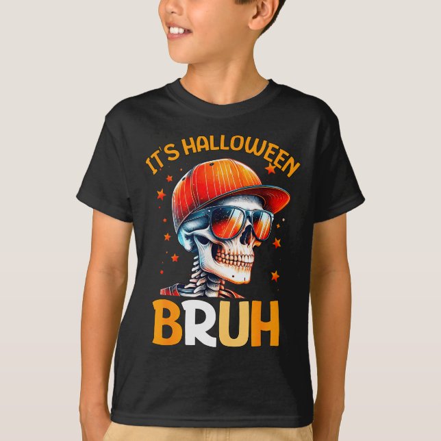 Bruh Halloween Boys Kids Halloween Skeleton  T-Shirt (Front)