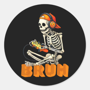 Bruh Halloween Skeleton Gamer Video Gaming Boys Me Classic Round Sticker