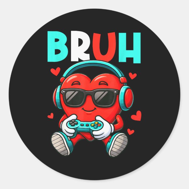 Bruh Heart Gamer Video Gaming Controller Valentine Classic Round Sticker (Front)