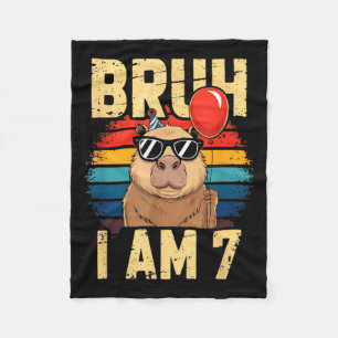 Bruh I Am 7 Capybara Kids 7th Birthday Retro Sunse Fleece Blanket