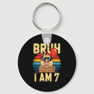 Bruh I Am 7 Capybara Kids 7th Birthday Retro Sunse Key Ring