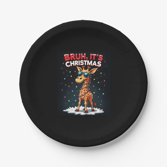 Bruh It's Christmas Giraffe Funny Dabbing Long Sle Paper Plate (Front)