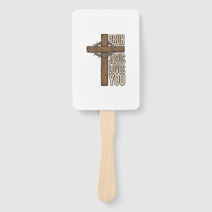 Bruh Jesus Loves You Cross Vintage Christian Vecto Hand Fan