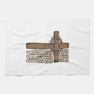 Bruh Jesus Loves You Cross Vintage Christian Vecto Tea Towel