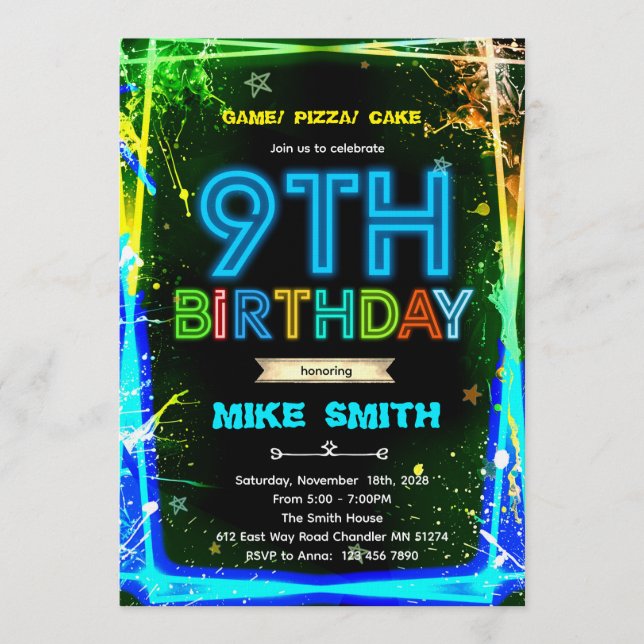 Bruh neon 9 birthday invitation (Front)