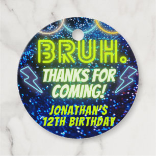 Bruh Neon Glow Blue Green Birthday Party Thank You Favour Tags