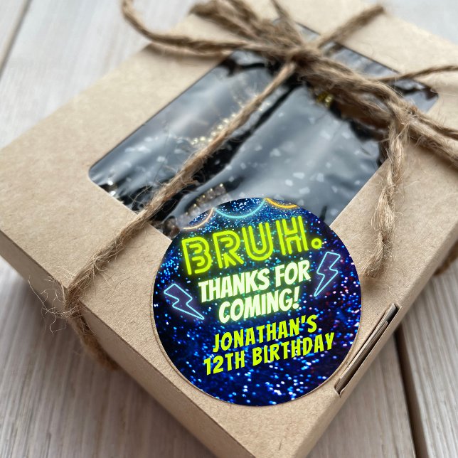 Bruh Neon Glow Blue Green Birthday Thank You Favou Classic Round Sticker (Creator Uploaded)