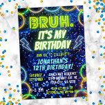 Bruh Neon Glow Blue Green Funny Boy Birthday Invitation<br><div class="desc">Introducing our "Bruh. It's my Birthday?" Boys Birthday Invitations – the ultimate choice for throwing a memorable and electrifying birthday party! Step into a world of vibrant colours and neon lights that will instantly set the tone for an epic celebration. Our invitations feature a mesmerising neon glow lights design that...</div>