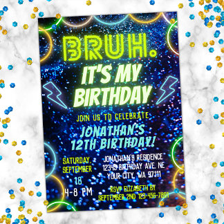 Bruh Neon Glow Blue Green Funny Boy Birthday Invitation