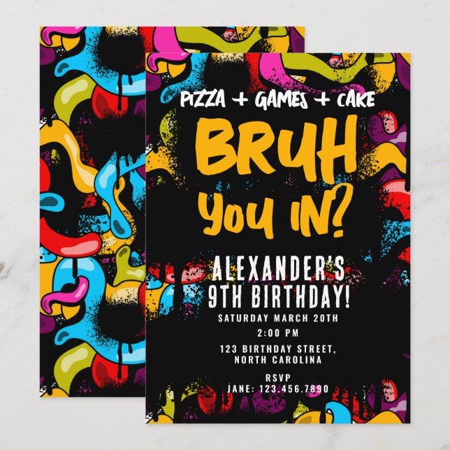 Bruh Neon Graffiti Hip Hop Street Art Birthday Invitation (Front/Back)