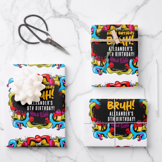 Bruh Neon Graffiti Hip Hop Street Art Birthday Wrapping Paper Sheet (Front)
