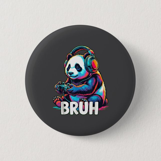 Bruh Panda Gamer With Headphones Controller  6 Cm Round Badge (Front)