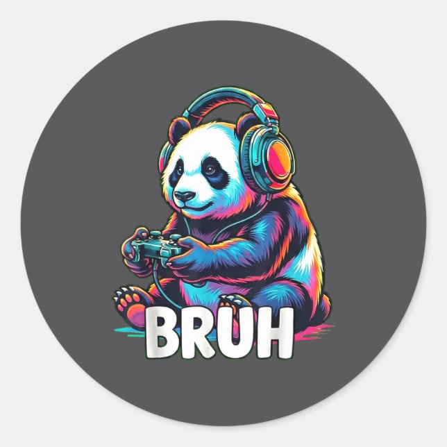 Bruh Panda Gamer With Headphones Controller  Classic Round Sticker (Front)
