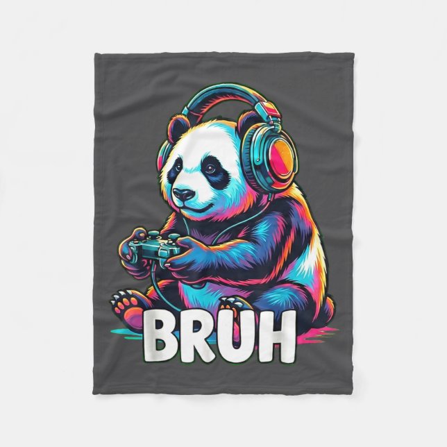 Bruh Panda Gamer With Headphones Controller  Fleece Blanket (Front)
