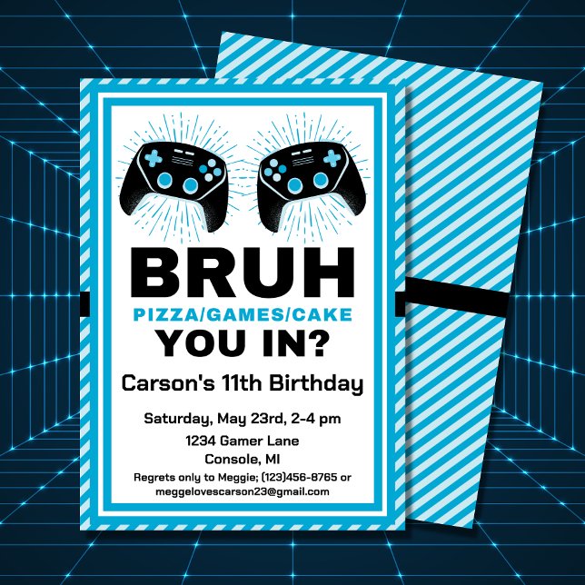 Bruh Personalised Gamer Pizza Party Birthday Invitation (A funny birthday invitation for your favorite gamer's party.)