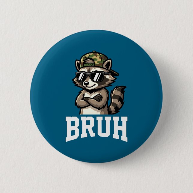 Bruh Raccoon Camo Hat Funny Youth Teens Kids Slang 6 Cm Round Badge (Front)