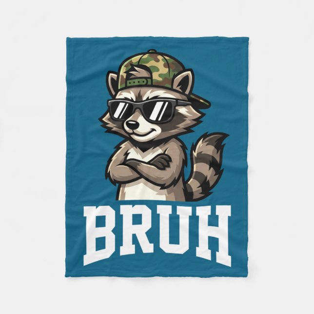 Bruh Raccoon Camo Hat Funny Youth Teens Kids Slang Fleece Blanket (Front)