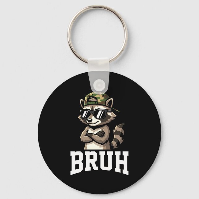 Bruh Raccoon Camo Hat Funny Youth Teens Kids Slang Key Ring (Front)