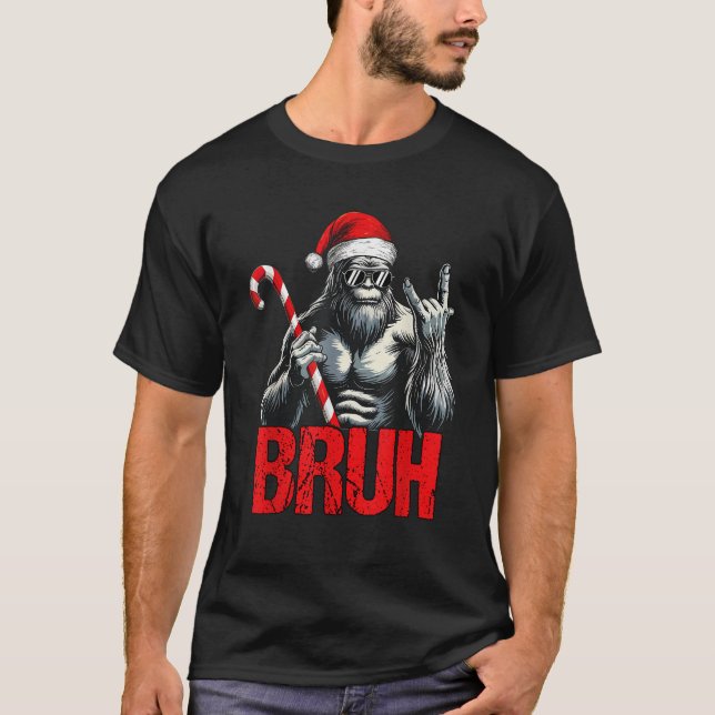 Bruh Santa Bigfoot Christmas Lights Funny Sasquatc T-Shirt (Front)