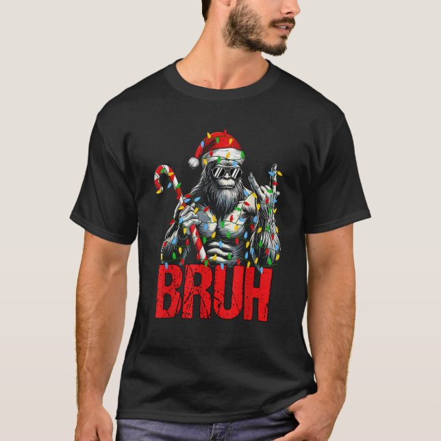 Bruh Santa Bigfoot Christmas Lights Funny Sasquatc T-Shirt (Front)
