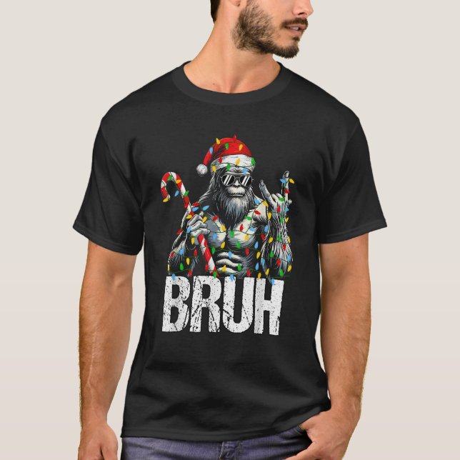 Bruh Santa Bigfoot Christmas Lights Funny Sasquatc T-Shirt (Front)