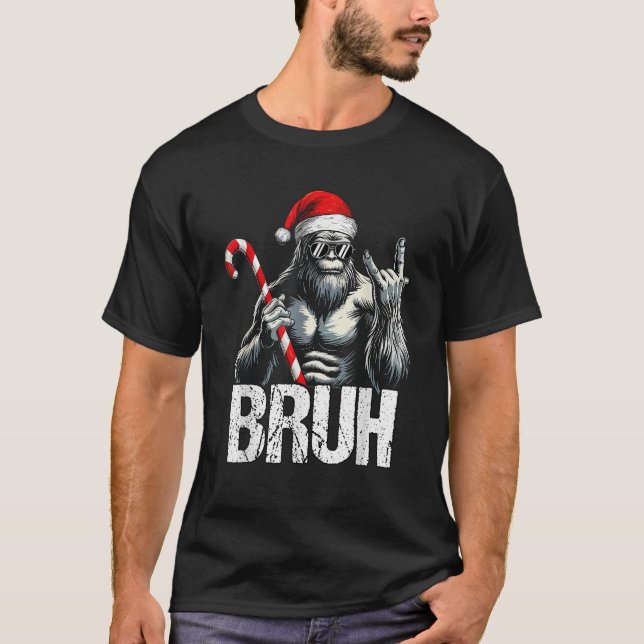 Bruh Santa Bigfoot Christmas Lights Funny Sasquatc T-Shirt (Front)