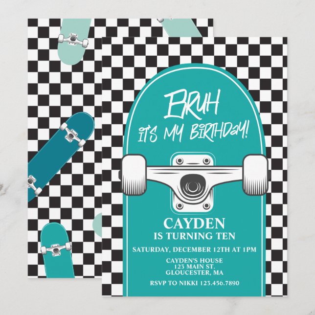 BRUH! Skateboard Birthday Invitation (Front/Back)