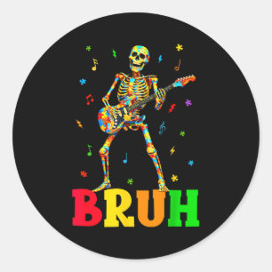 Bruh skeleton guitar player rock music autism classic round sticker