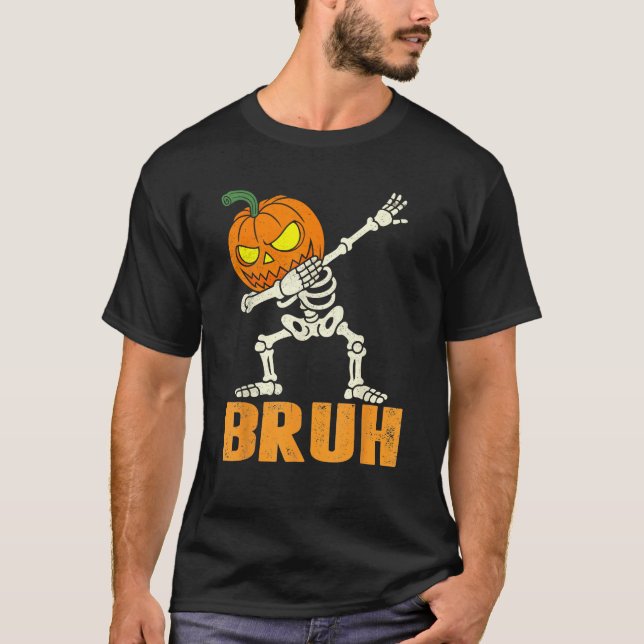 Bruh Skeleton Halloween Dabbing Boys Pumpkin Jack  T-Shirt (Front)