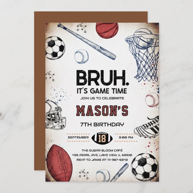 Bruh Sports Birthday Game Time Party Invitation (Front/Back)
