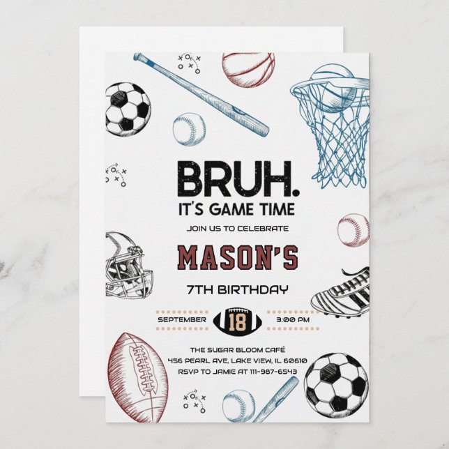 Bruh Sports Birthday Game Time Party Invitation (Front/Back)
