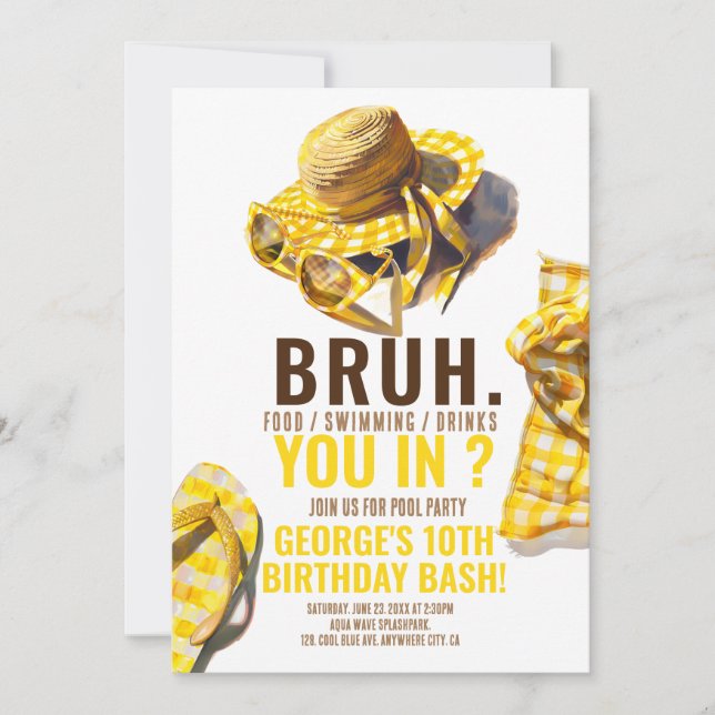 BRUH YELLOW Pool Party Boy Birthday Invitation (Front)