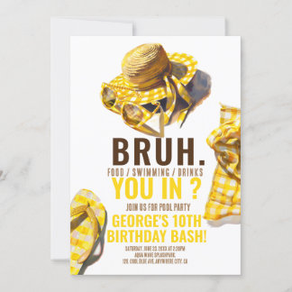 BRUH YELLOW Pool Party Boy Birthday Invitation