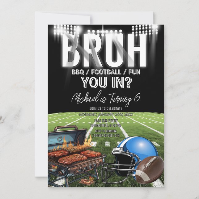 Bruh You In? BBQ Football Game Time Kid's Birthday Invitation (Front)