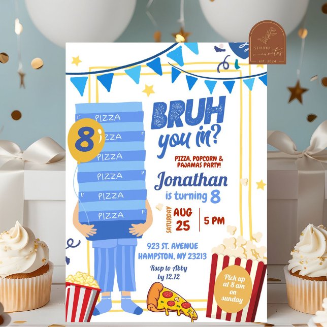 Bruh You in Blue Pizza Popcorn Pyjamas Birthday Invitation (Creator Uploaded)