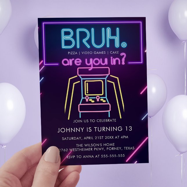 Bruh, You In? Neon Arcade Video Games Boy Birthday Invitation (Creator Uploaded)