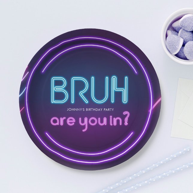 Bruh, You In? Neon Arcade Video Games Boy Birthday Paper Plate (Creator Uploaded)