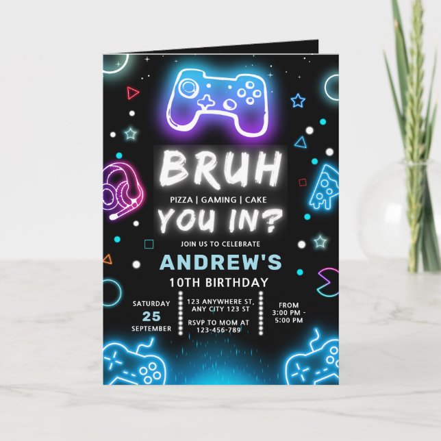 BRUH YOU IN? Neon Gamer Birthday Invitation (Front)