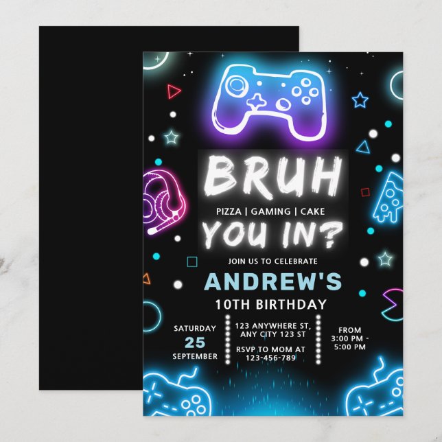 BRUH YOU IN? Neon Gamer Birthday Invitation (Front/Back)