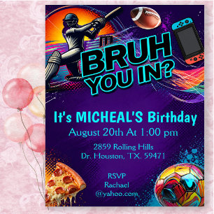 Bruh You In? Neon Sports Birthday Party Invitation