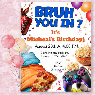Bruh You In? Sleep Over Boy Birthday Party Invitation