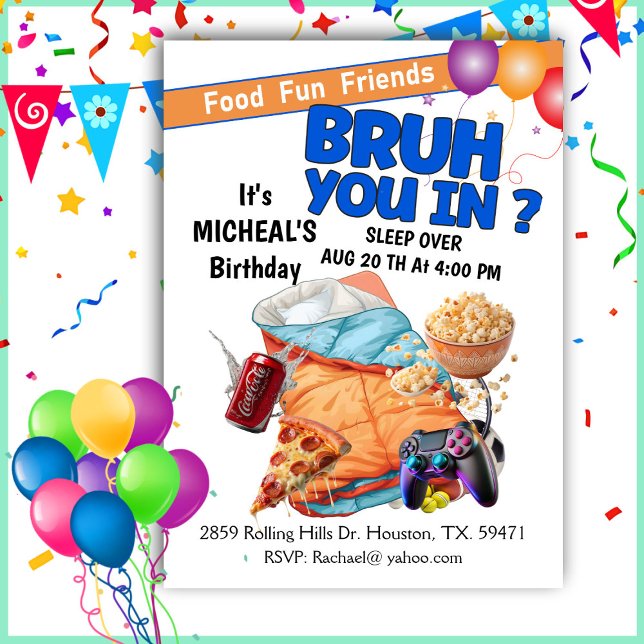 Bruh You In? Sleep Over Boy Birthday Party Invitation (Creator Uploaded)