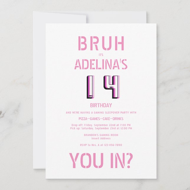 BRUH YOU IN Teen Girl Bday Video Game Sleepover Invitation (Front)