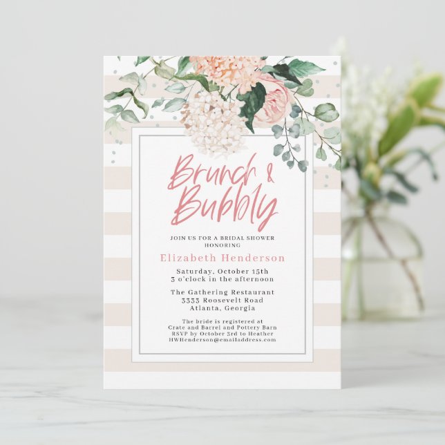 Brunch and Bubble Pink Floral Bridal Shower Invitation (Standing Front)