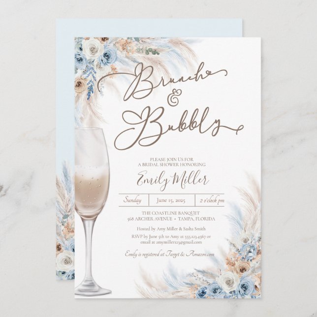Brunch and Bubbly Blue Boho Pampas Bridal Shower Invitation (Front/Back)
