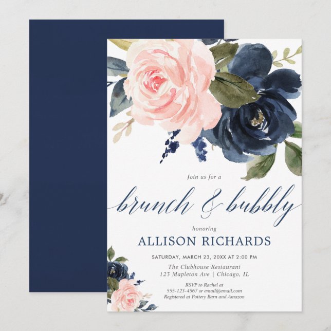 Brunch and Bubbly blush pink and navy blue Invitation (Front/Back)
