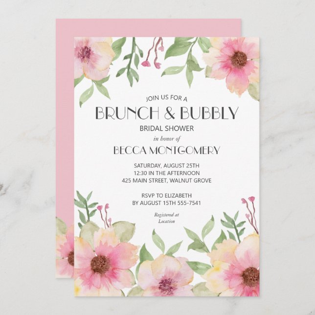 Brunch and Bubbly Blush Pink Floral Bridal Shower Invitation (Front/Back)