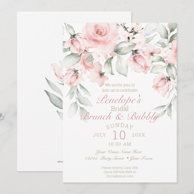 Brunch and Bubbly  Blush Pink Roses Bridal Shower Invitation (Front/Back)